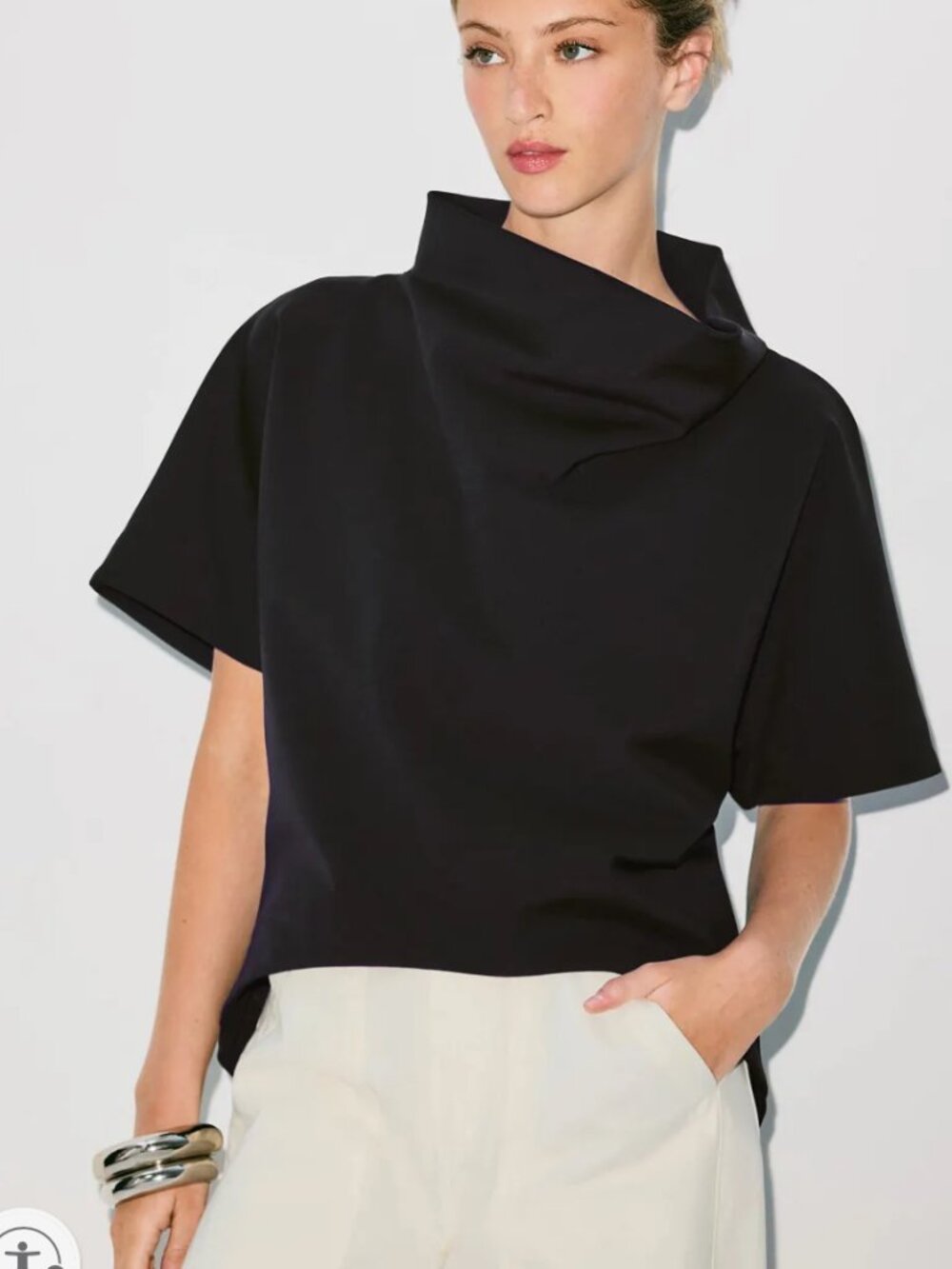 NATORI Black Crepe Mock Neck Top